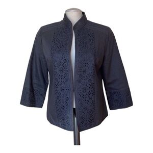 ANNE CARSON Open Front Blazer Jacket 100% Linen Eyelet Lagenlook Black Medium